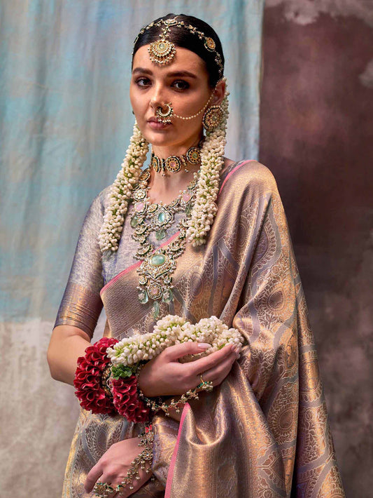 Woven Design Zari Kanjeevaram Saree - Light Gold
