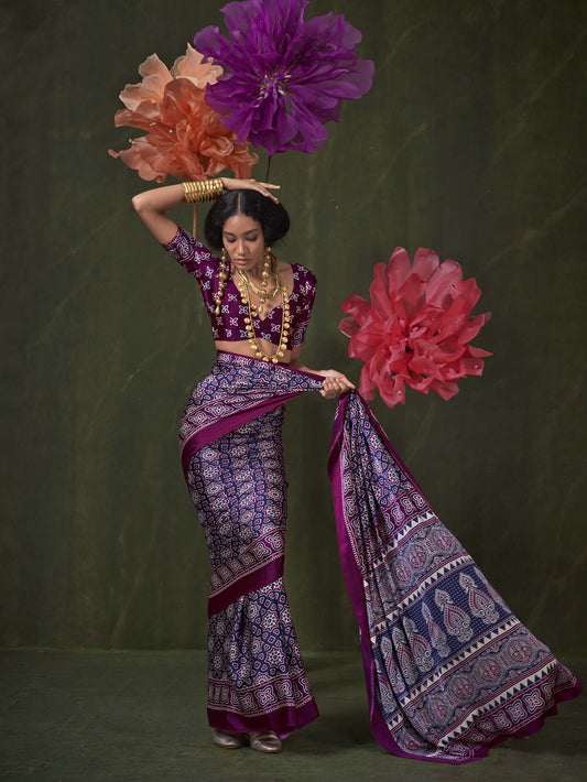 Satin Crepe Saree with Traditional Ajrakh Prints - Wine Blue