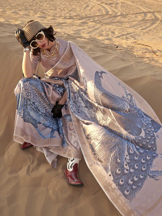 Printed Tussar Silk Saree - Levender Blue