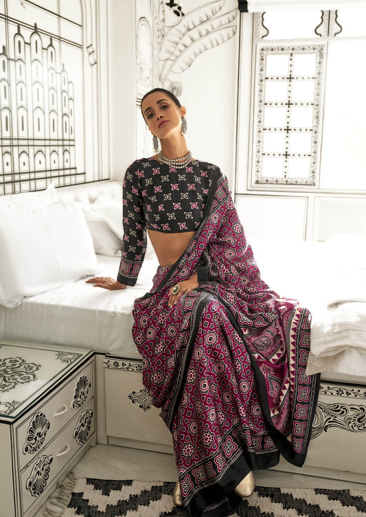 Ajrakh Printed Satin Saree - Maroon - - Laxha Clothing - www.laxhaclothing.com