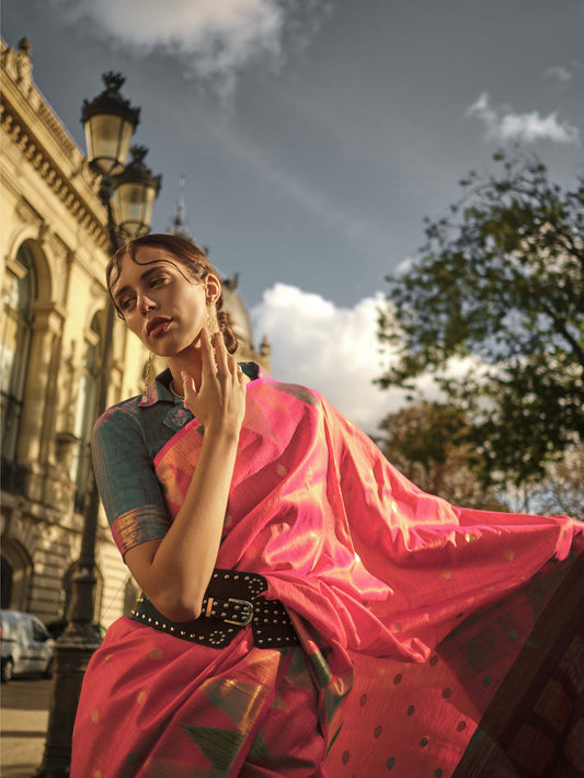 Handloom Khaddi‑Silk Saree - Coral Pink