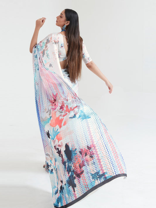 Printed Satin Saree - White Blue