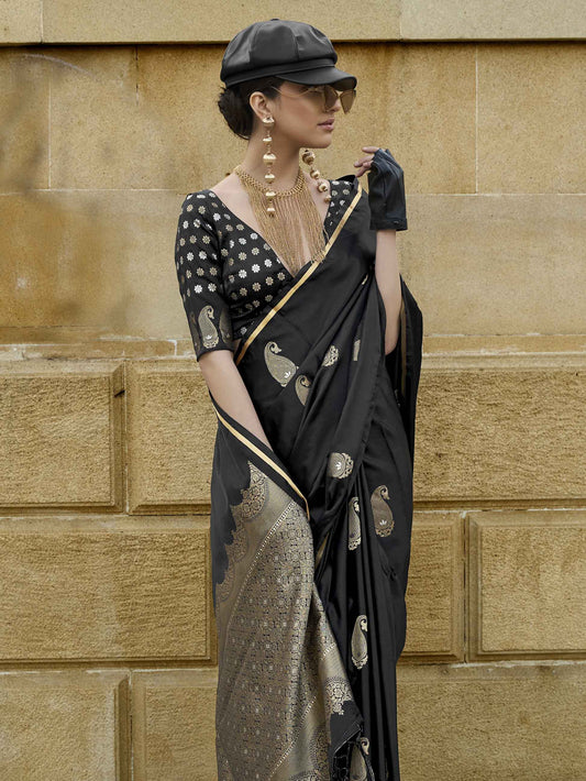 Pure Satin Handloom Weaving Silk Saree with Zari Buti & Heavy Pallu - Jet Black