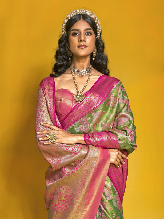 Elegant Pure Handloom Dharmavaram Mulberry Silk Saree - Green Pink