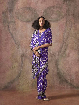 Ajrakh Printed Satin Saree - Purple