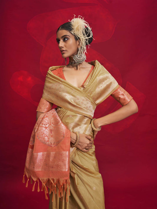 Contrast Ikkat Pallu Tussar Silk Handloom Saree - Beige