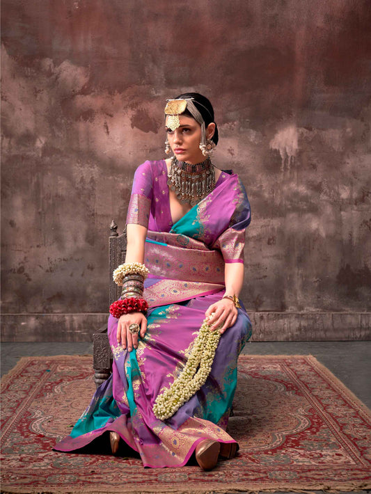 Ethnic Zari Silk Blend Banarasi Saree - Lavender