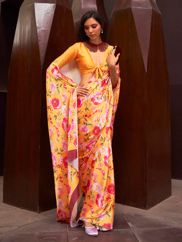 Printed Satin‑Crepe Saree - Mustard Yellow