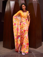 Luxe Satin Printed Saree - Mustard Yellow