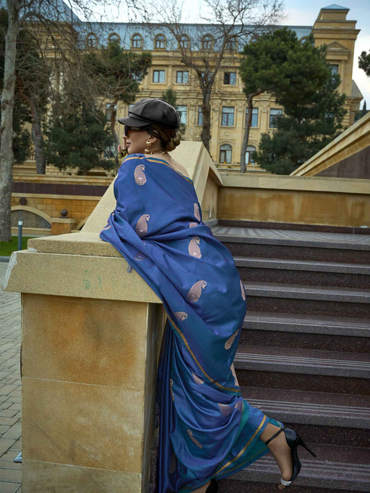 Pure Satin Handloom Weaving Silk Saree with Zari Buti & Heavy Pallu - Deep Peacock Blue