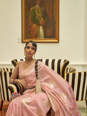 Pashmina Silk Saree with Kashmiri Pallu & Blouse - Baby Pink