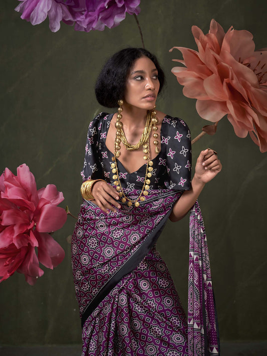 Satin Crepe Saree with Traditional Ajrakh Prints - Magenta Black
