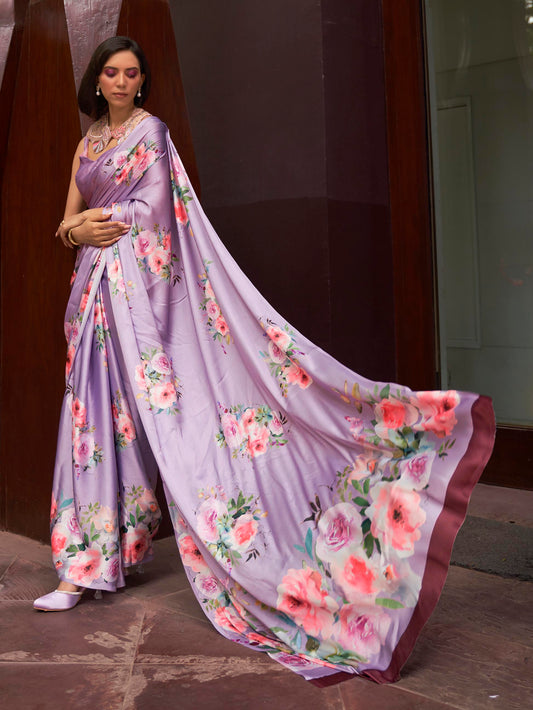 Luxe Satin Printed Saree - Lavender