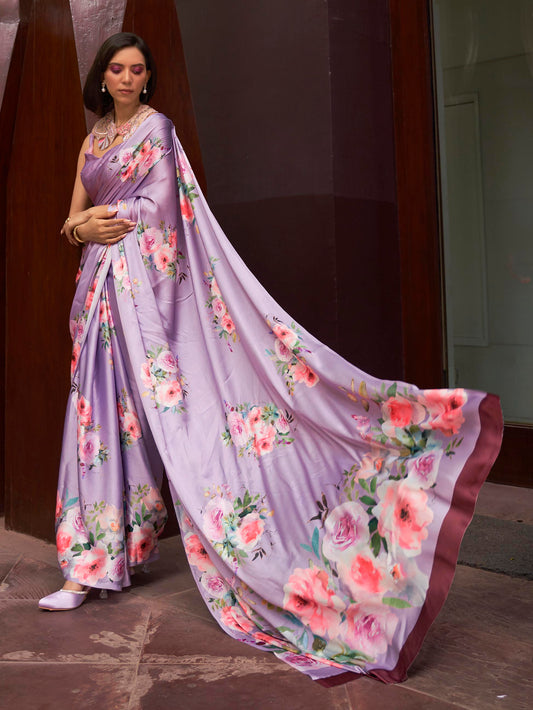 Printed Satin‑Crepe Saree - Levender