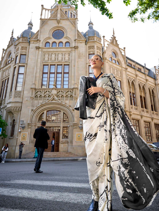 Printed Satin‑Crepe Saree - Cream and Charcoal Brush Stroke