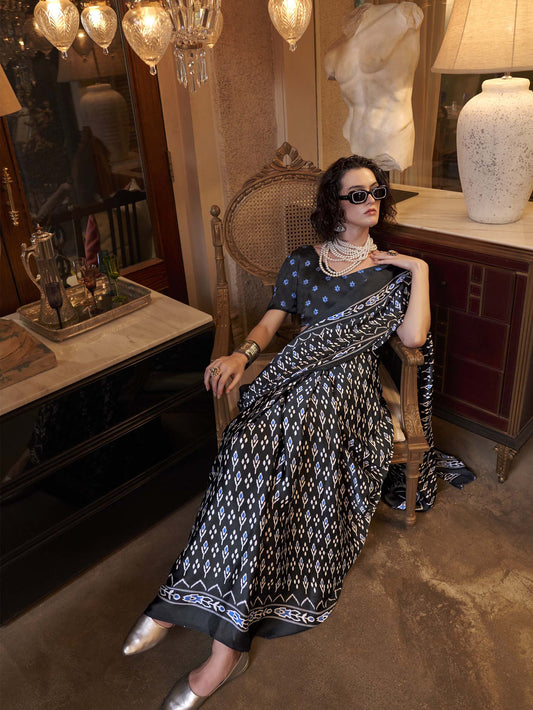 Elegant Patola-Print Satin Crepe Saree - Black Beige
