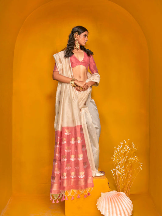 Elegant Handloom Tussar Silk Saree with Lotus Motif - Cream Peach