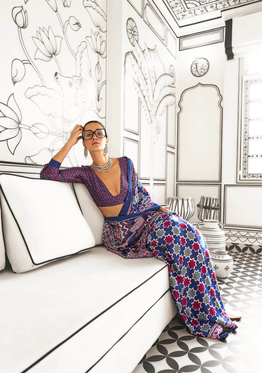 Ajrakh Printed Satin Saree - Navy Blue - - Laxha Clothing - www.laxhaclothing.com
