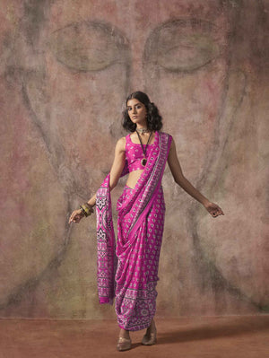 Ajrakh Printed Satin Saree - Rani Pink