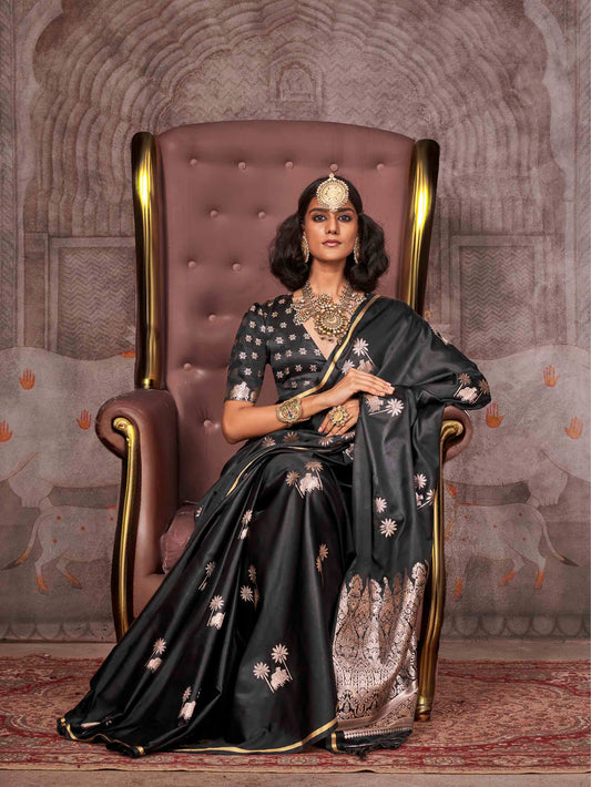 Traditional Pichwai Banarasi Saree - Midnight Black