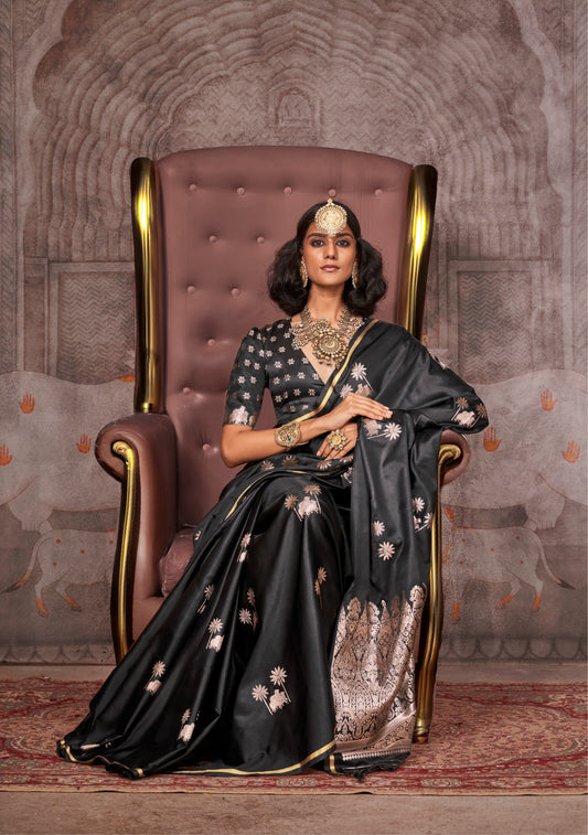Traditional Pichwai Banarasi Saree - Midnight Black