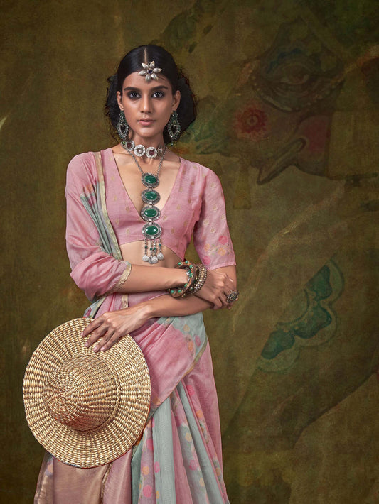 Elegant Pure Handloom Spun Rangkaat Silk Saree - Grey Pink