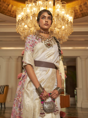 Pashmina Silk Saree with Kashmiri Pallu & Blouse - Pearl White