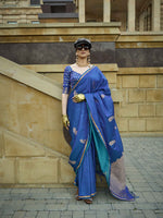 Pure Satin Handloom Weaving Silk Saree with Zari Buti & Heavy Pallu - Deep Peacock Blue