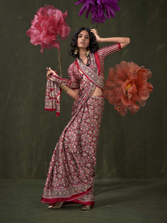 Satin Crepe Saree with Traditional Ajrakh Prints - Red Beige