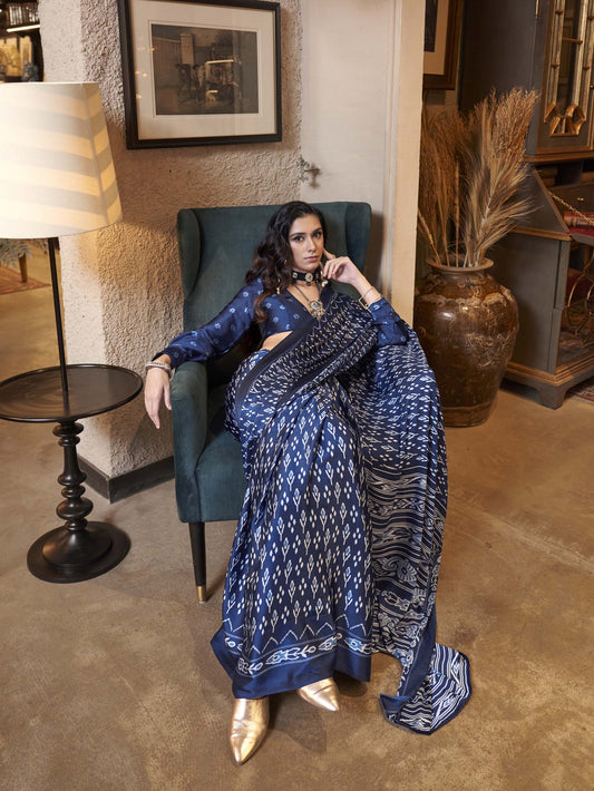 Elegant Patola-Print Satin Crepe Saree - Blue
