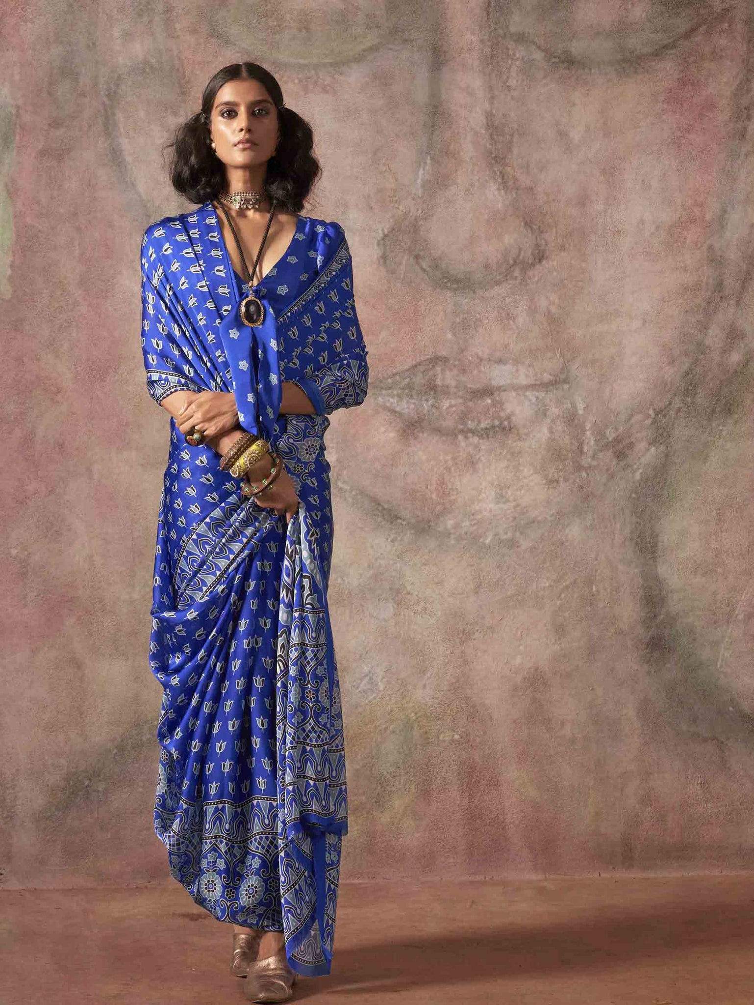 Ajrakh Printed Satin Saree - Royal Blue