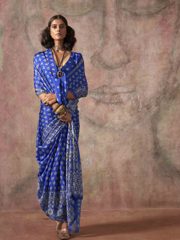 Ajrakh Printed Satin Saree - Royal Blue