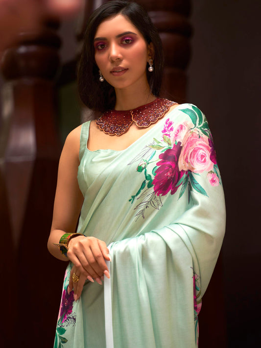 Printed Satin‑Crepe Saree - Mint Green