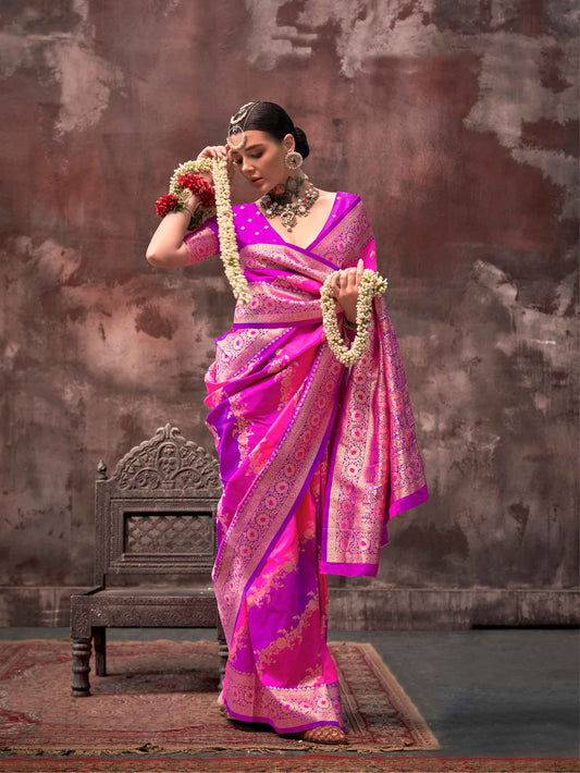 Ethnic Zari Silk Blend Banarasi Saree - Rani