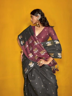 Elegant Handloom Tussar Silk Saree with Lotus Motif - Black Maroon