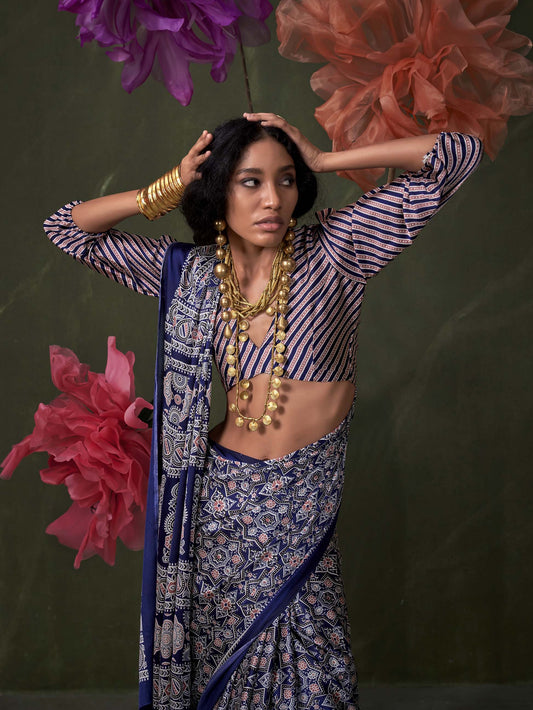 Satin Crepe Saree with Traditional Ajrakh Prints - Navy Blue Beige