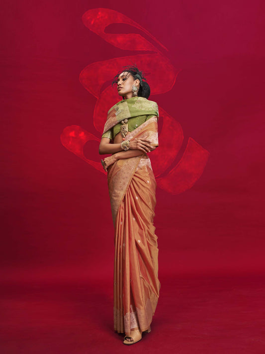 Contrast Ikkat Pallu Tussar Silk Handloom Saree - Orange