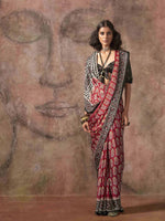 Ajrakh Printed Satin Saree - Maroon Black
