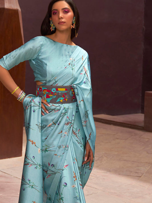 Printed Satin‑Crepe Saree - Aqua Blue