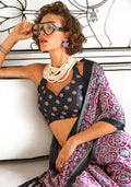 Ajrakh Printed Satin Saree - Pink - - Laxha Clothing - www.laxhaclothing.com