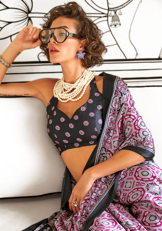 Ajrakh Printed Satin Saree - Pink - - Laxha Clothing - www.laxhaclothing.com