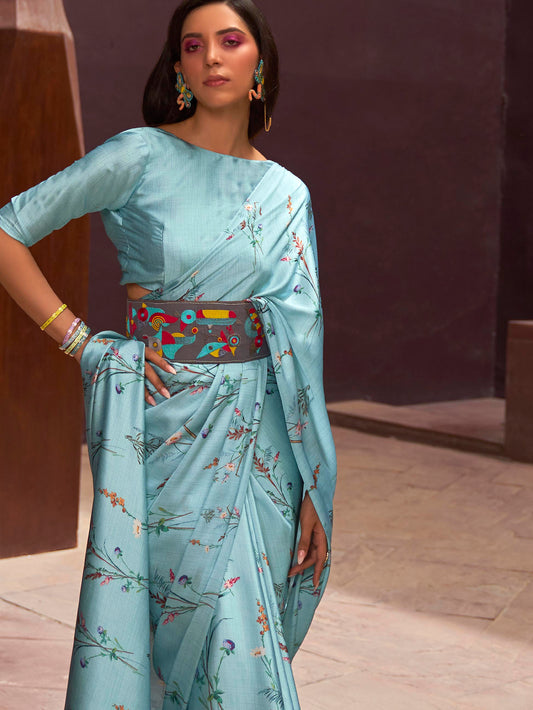 Luxe Satin Printed Saree - Aqua Blue