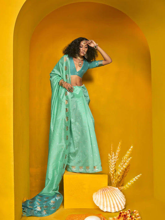 Elegant Handloom Tussar Silk Saree with Lotus Motif - Aqua Green