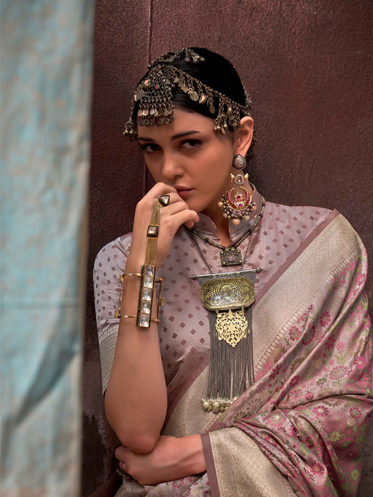 Woven Banarasi Satin Silk Saree - Rosy Pink