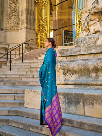 Handloom Khaddi‑Silk Saree - Peacock Blue
