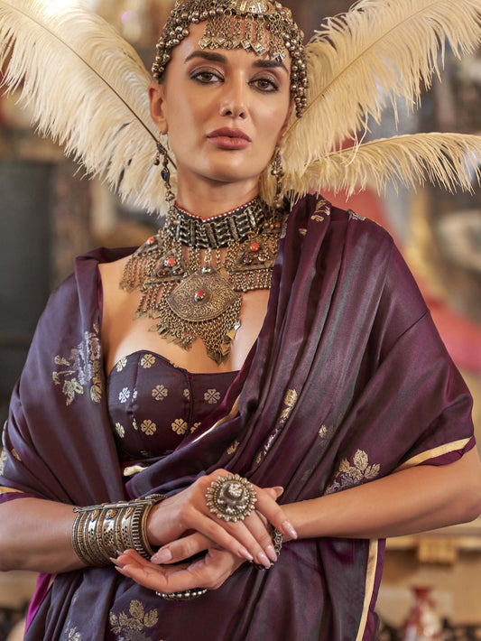 Majestic Pure Satin Handloom Weaving Silk Saree with Floral Motifs - Maroon