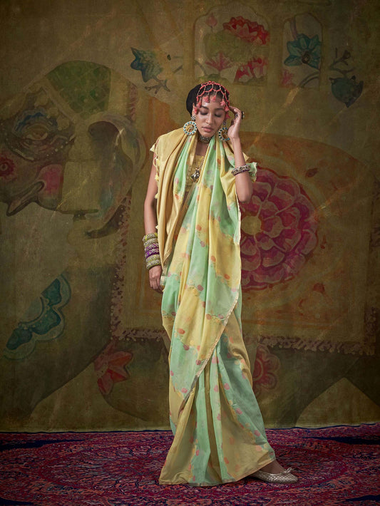Elegant Pure Handloom Spun Rangkaat Silk Saree - Pista