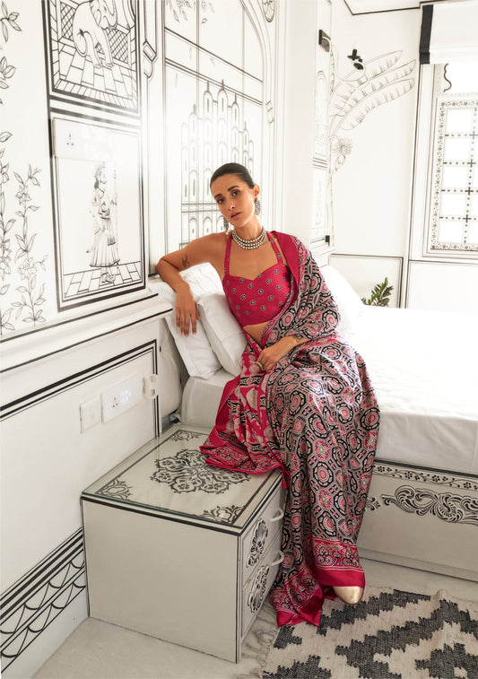 Ajrakh Printed Satin Saree - Multicolor - - Laxha Clothing - www.laxhaclothing.com