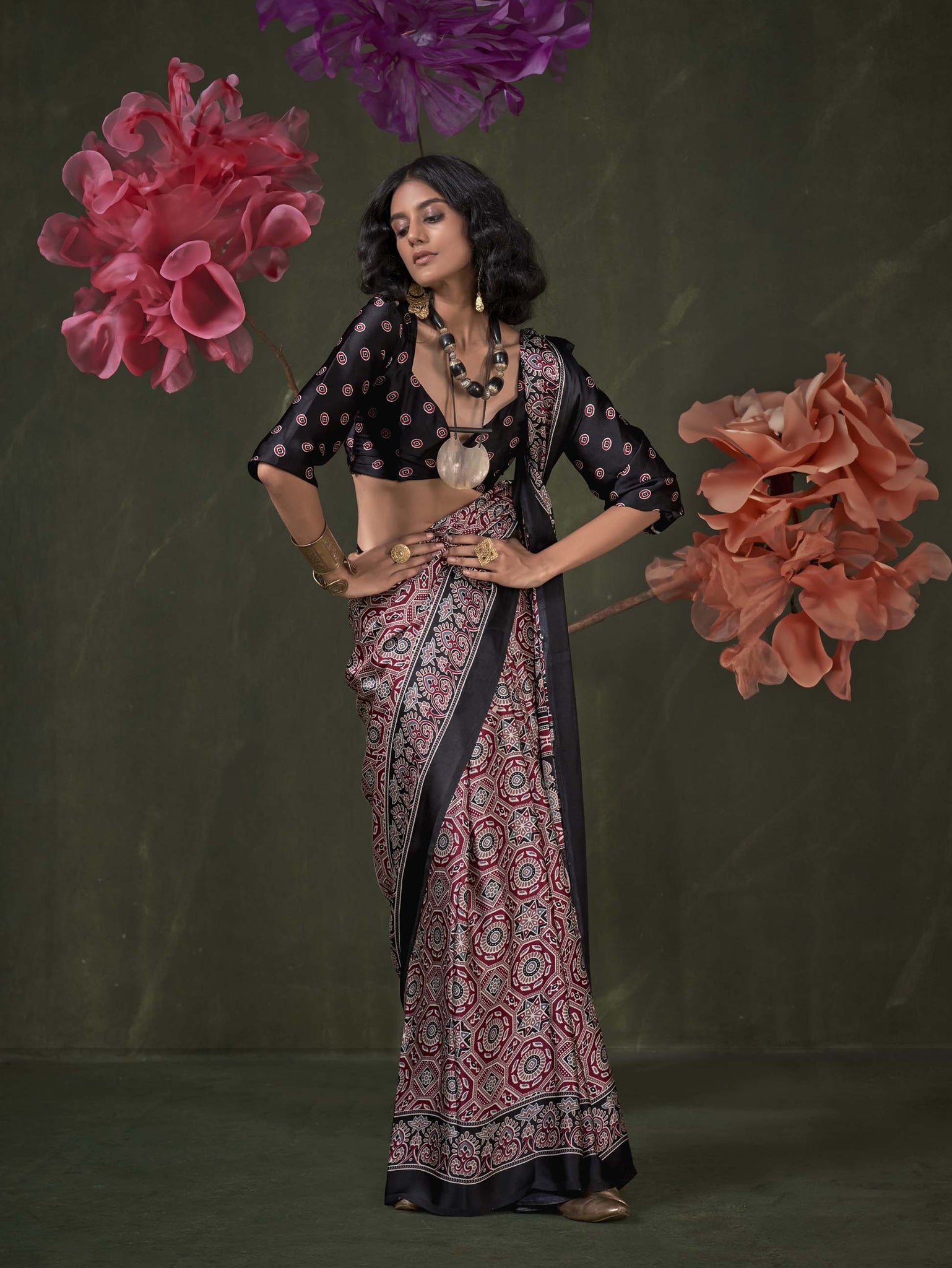 Satin Crepe Saree with Traditional Ajrakh Prints - Rust Black