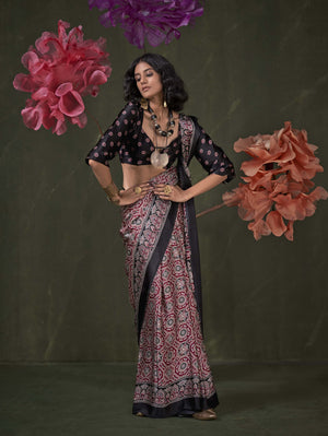 Satin Crepe Saree with Traditional Ajrakh Prints - Rust Black